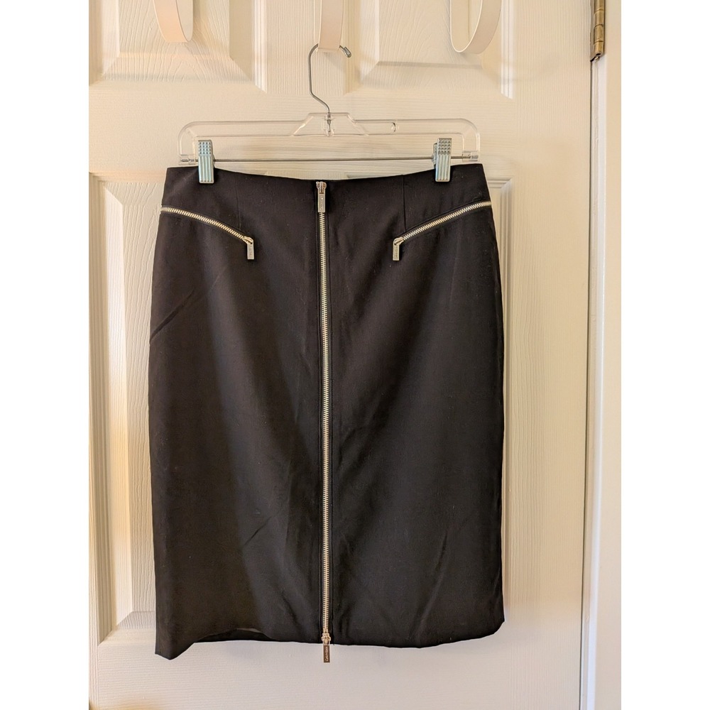 Calvin Klein Womens Black Pencil Skirt Silver Front Zipper Faux Pockets Size 6